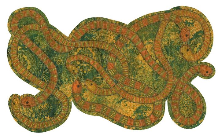 Image of the artist print of multiple orange snakes curled around together on a green and yellow background