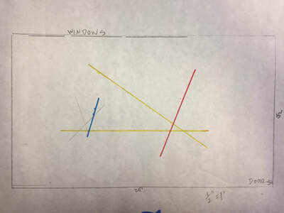 Artist concept drawing for exhibition as seen from above: one large red rectangle, one narrow upright blue rectangle and two yellow bars that bisect the other parts.